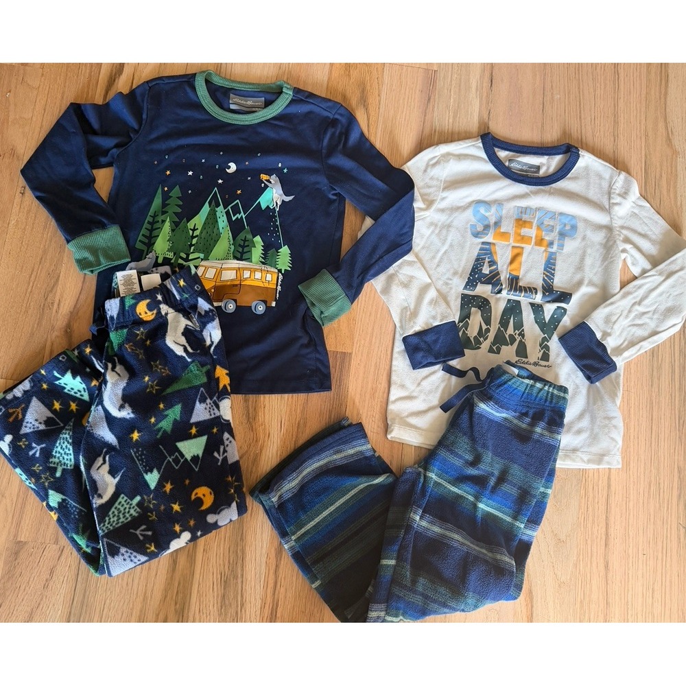 Eddie Bauer Boys 4-Piece Pajama Set Size XS (5/6) Long Sleeve Tops Fleece Pants